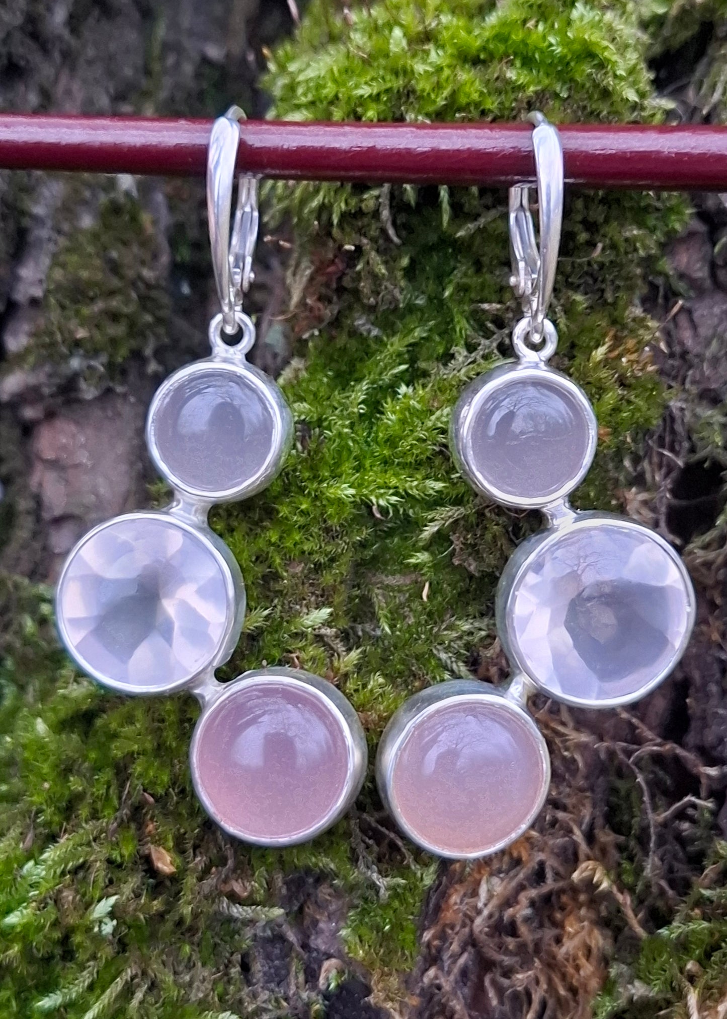 Rose quartz, chalcedony silver earrings