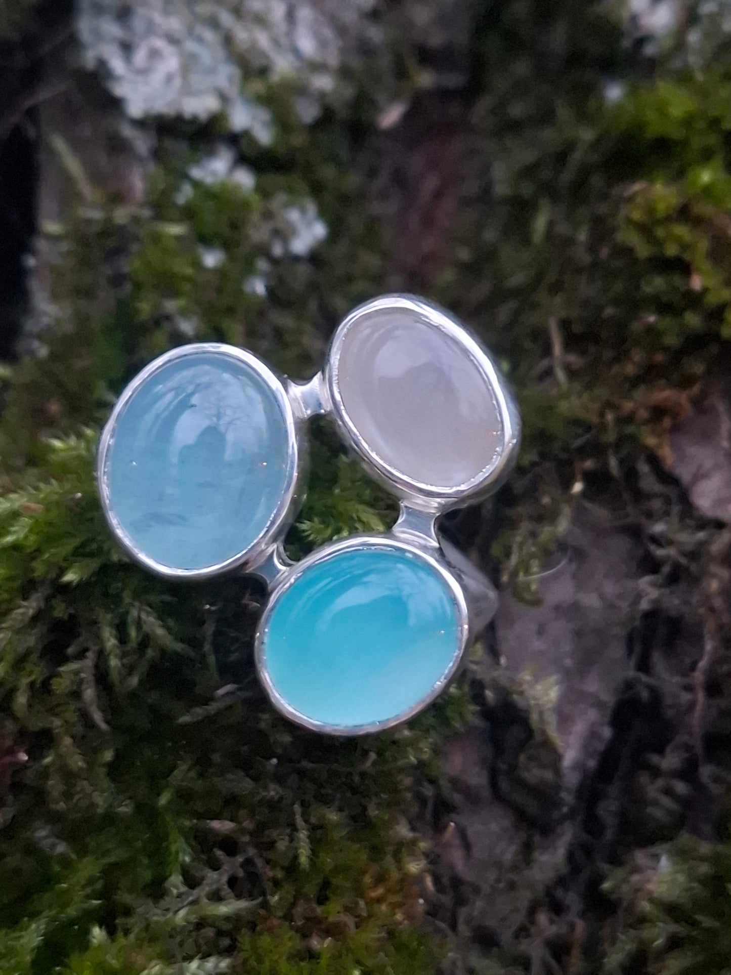 Akvamarīna, mēnessakmens, halcedona, sudraba gredzens