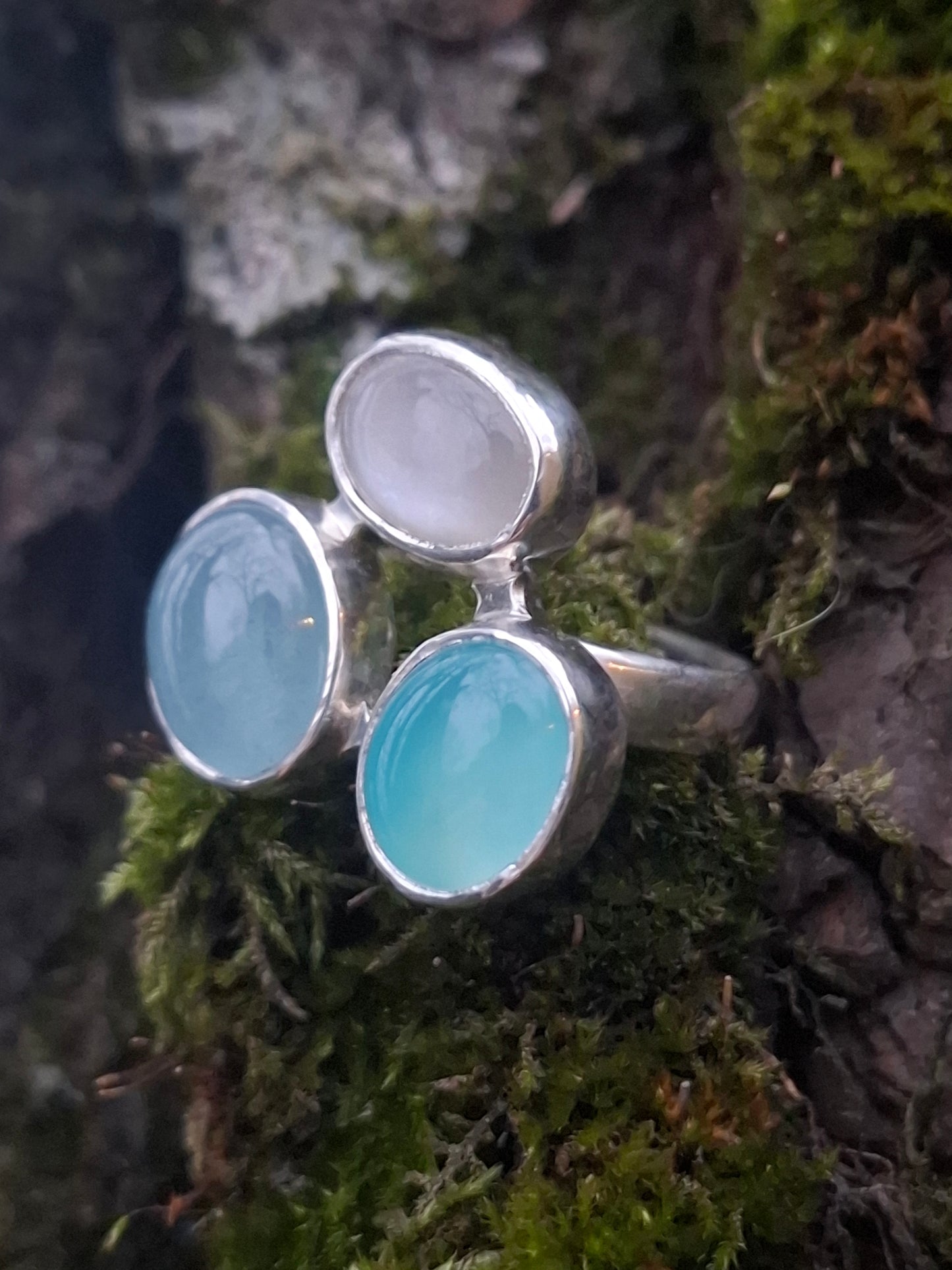 Akvamarīna, mēnessakmens, halcedona, sudraba gredzens