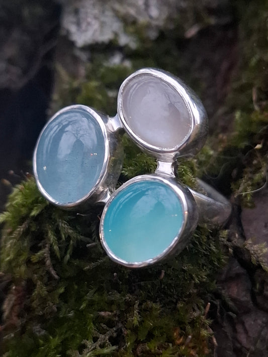 Akvamarīna, mēnessakmens, halcedona, sudraba gredzens