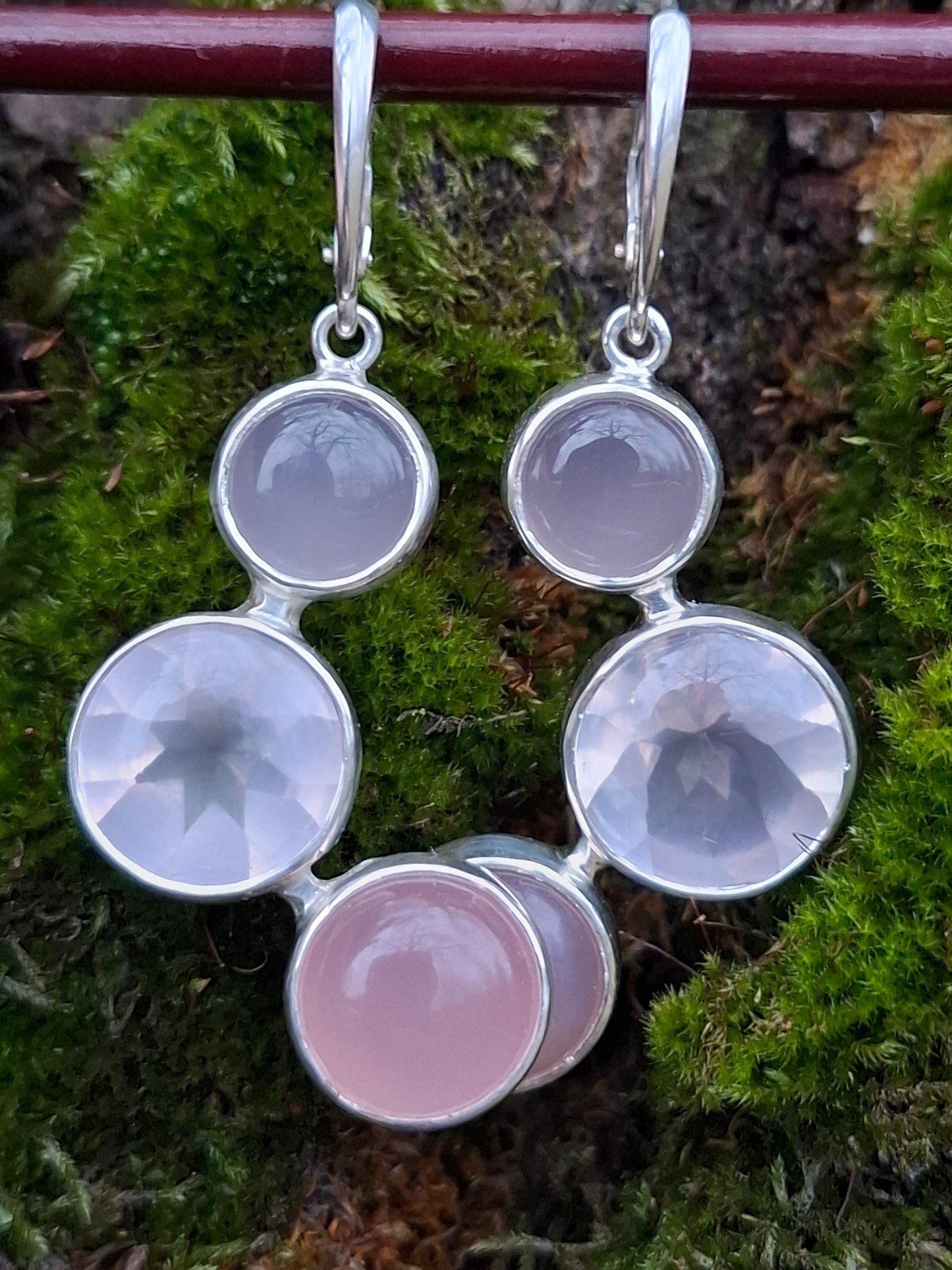 Rose quartz, chalcedony silver earrings
