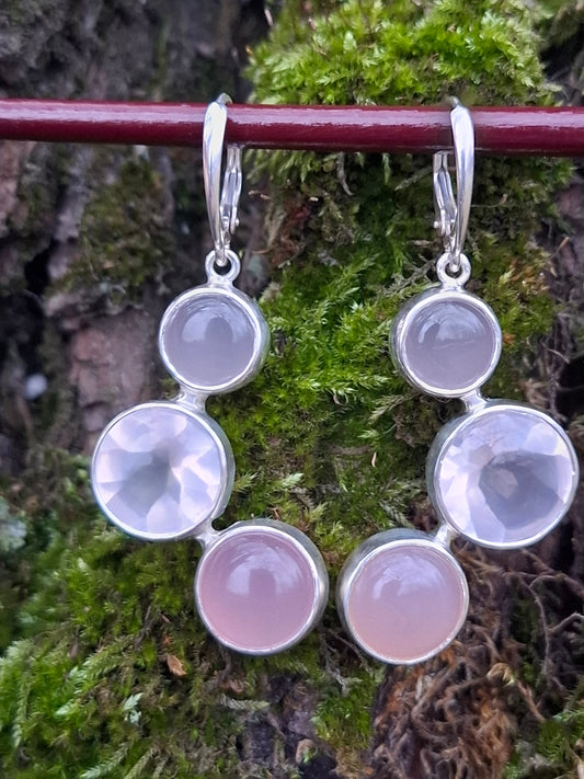 Rose quartz, chalcedony silver earrings