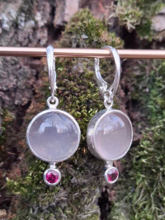 Rozā kvarcu, granātu, sudraba auskari