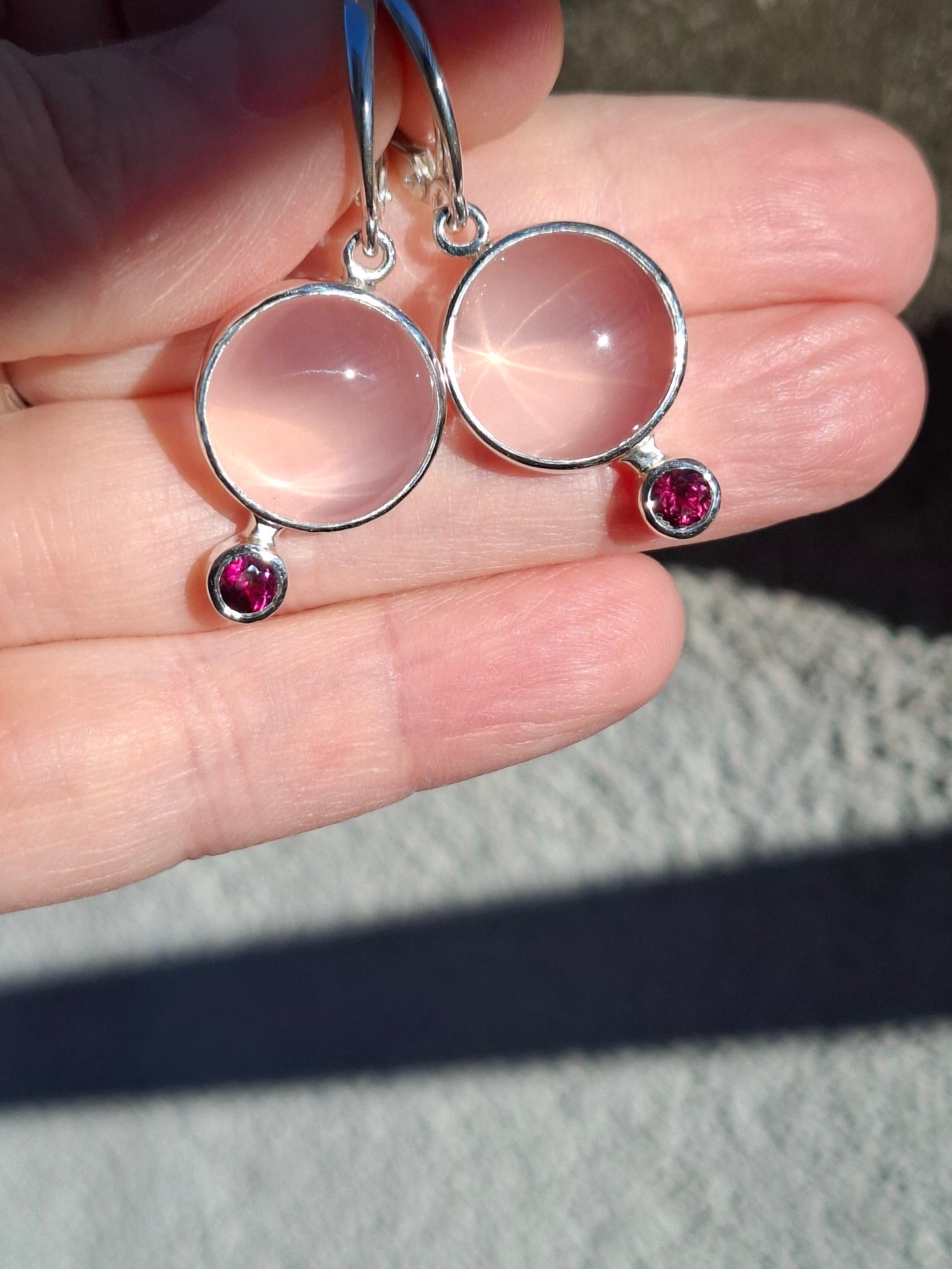 Rose quartz, garnet, silver earrings
