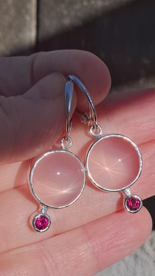 Rozā kvarcu, granātu, sudraba auskari